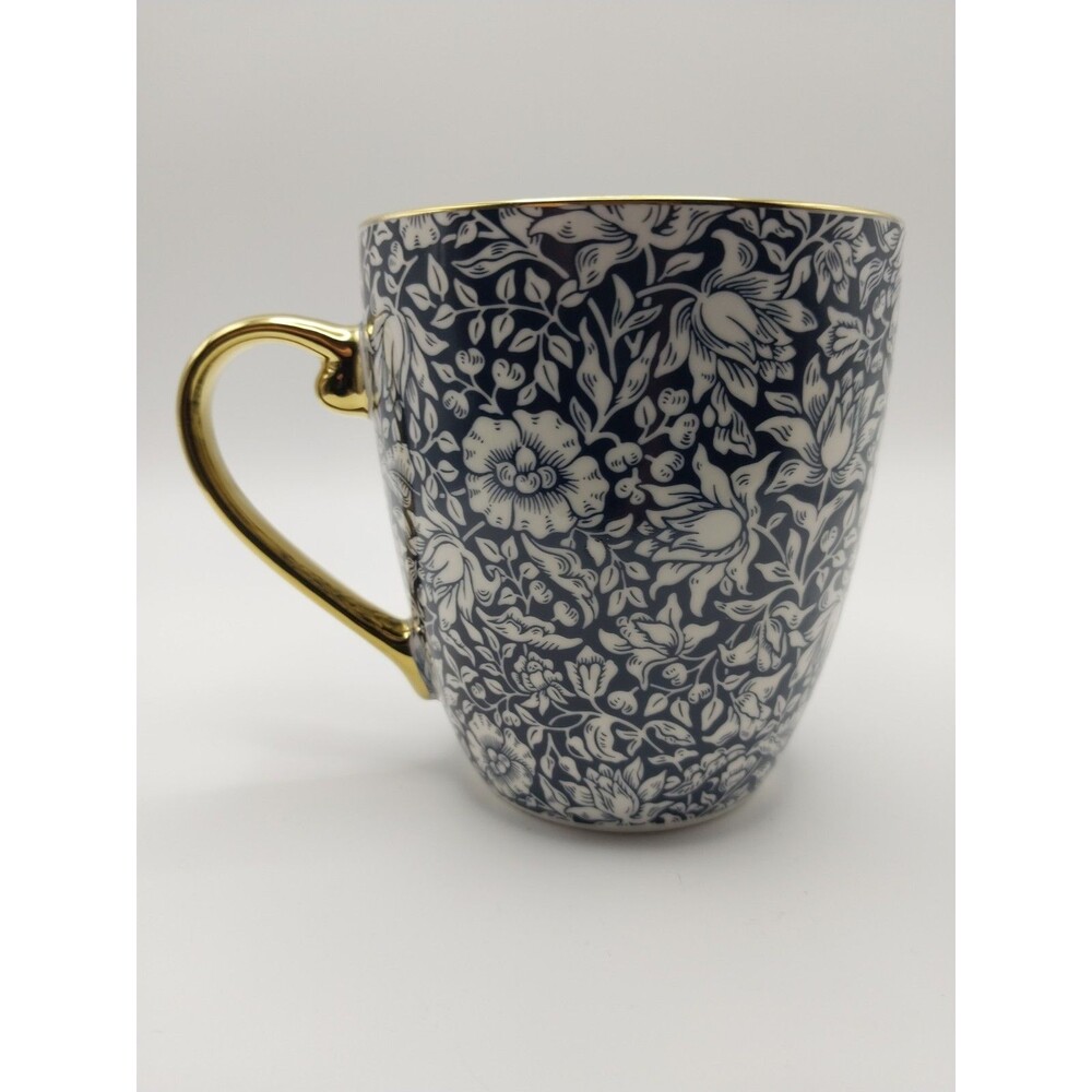Morris & Co William Bone China Mug Blue White Floral Flower Gold Handle & Rim EC